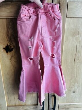 Girls Pink Pull-On Jeans with Ripped Detail NWT Flare Bottom